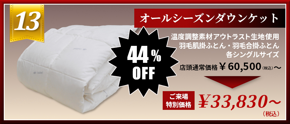 暑い寒いをちょうどいいにする アウトラスト生地使用 ダウンケット イングランド産ホワイトダウン93% 羽毛肌掛けふとん 羽毛合掛けふとん 44％OFF