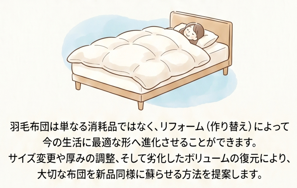 羽毛布団は単なる消耗品ではなく、リフォームによって今の生活に最適な形へ進化させることができます。サイズ変更や厚みの調整、そして劣化したボリュームの復元により、大切な布団を新品同様に蘇らせる方法を提案します。
