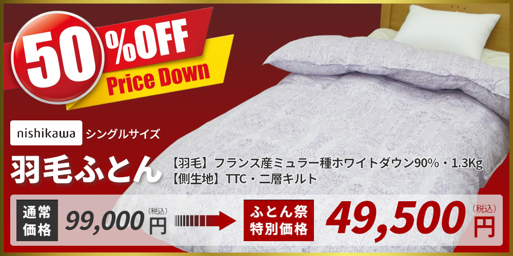 羽毛ふとん,nishikawa,西川,フランス産ミュラー種ホワイトダウン90%,1.3Kg,TTC,二層
