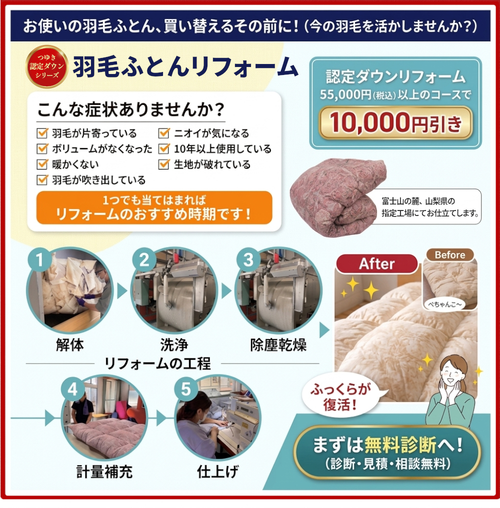 羽毛ふとんリフォーム,55,000円(税込)以上のコースで10,000円引き